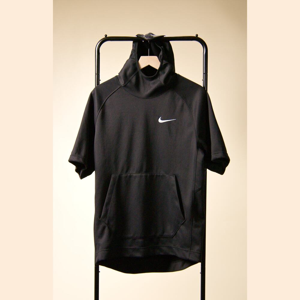 Nike Dri-FIT Men's M Black Short Sleeve Pullover Hoodie White Swoosh